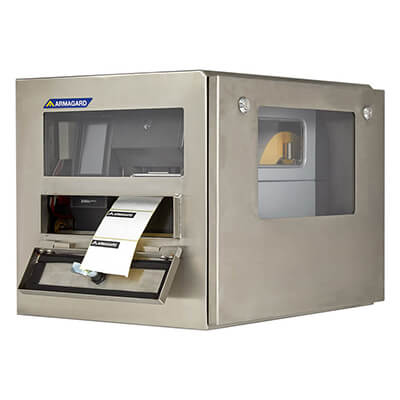 Visning forfra fra højre af IP65 Zebra ZT400 etiketprinter skab IP65