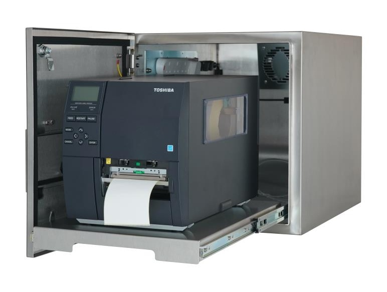 Et IP65 kabinet til Toshiba Tec stationære industriprintere med installeret Toshiba B-EX4T1 termisk printer