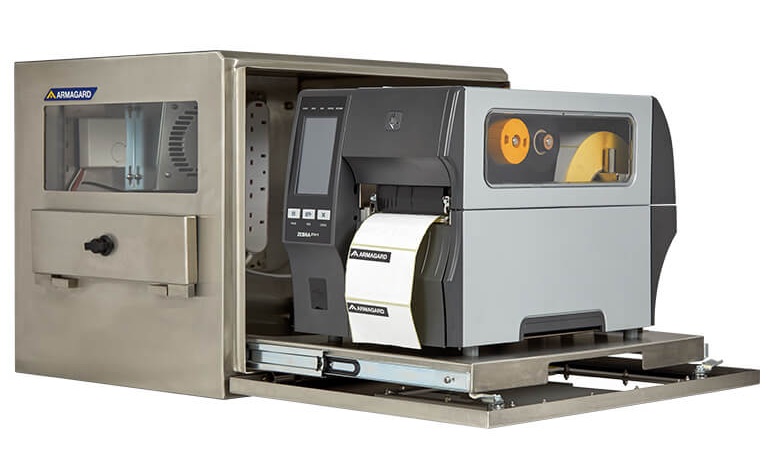 Et vandtæt kabinet til Zebra industrielle stregkodeprintere med installeret ZT411 printer